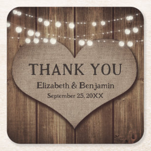 Rustic Wood Burlap Heart Wedding Thank You Square Paper Coaster