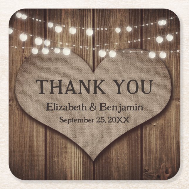 Rustic Wood Burlap Heart Wedding Thank You Square Paper Coaster (Front)