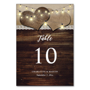 Rustic Wood Burlap Hearts String Lights Wedding Table Number