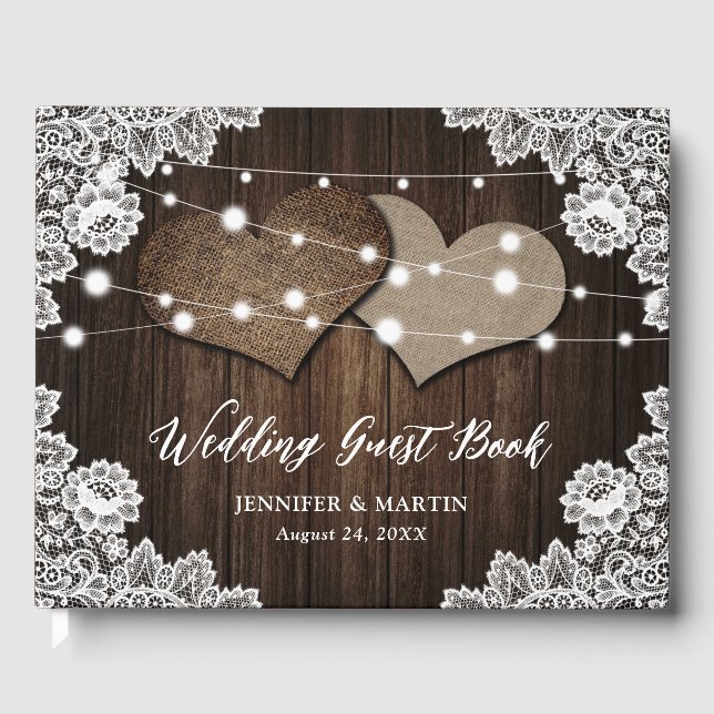 Rustic Wood Burlap Hearts Wedding Guest Book (Front)