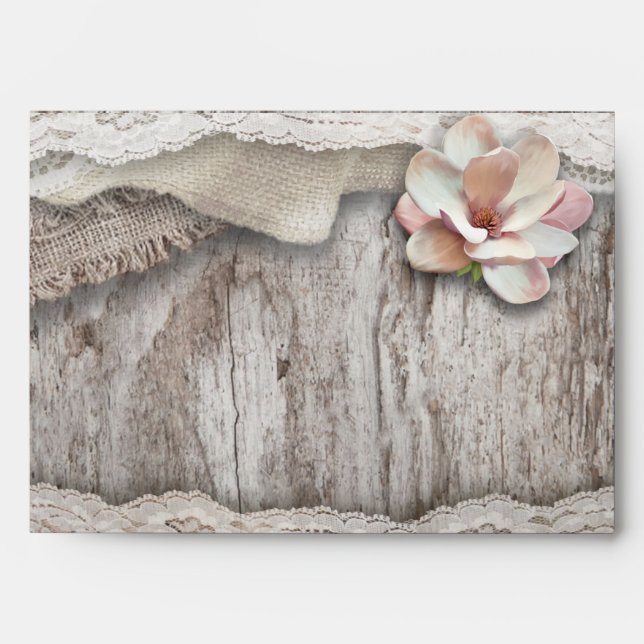Rustic Wood Burlap Lace Floral Country Wedding Envelope (Front)