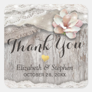 Rustic Wood Burlap Lace Floral Wedding Thank You Square Sticker