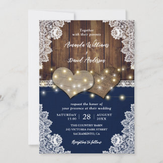 Rustic Wood Burlap Lace Navy Wedding Invitations