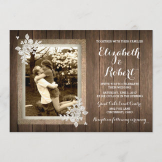 Rustic Wood Burlap Lace Photo Wedding Invitation
