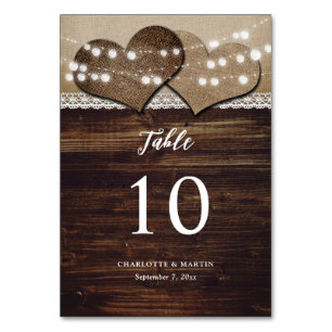 Rustic Wood Burlap Lace String Lights Barn Wedding Table Number