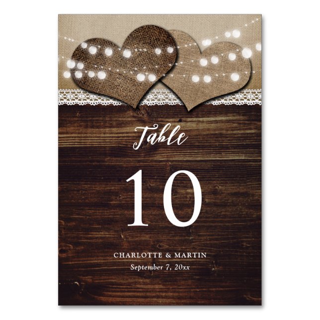 Rustic Wood Burlap Lace String Lights Barn Wedding Table Number (Front)