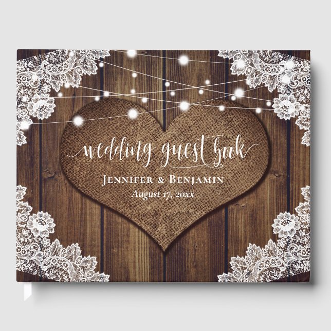 Rustic Wood Burlap Lace String Lights Wedding Guest Book (Front)