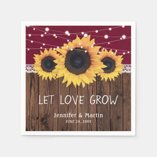 Rustic Wood Burlap Lace Sunflower Burgundy Wedding Napkin (Front)
