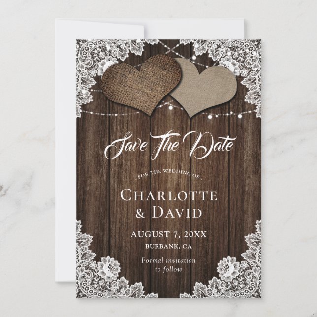Rustic Wood Burlap Lace Wedding Save The Date Card (Front)