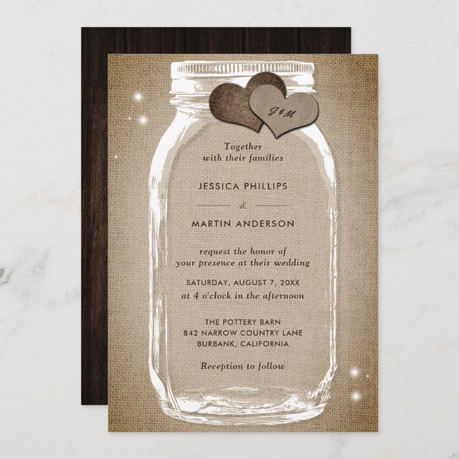 Rustic Wood Burlap Mason Jar Wedding Invitations (Front/Back)