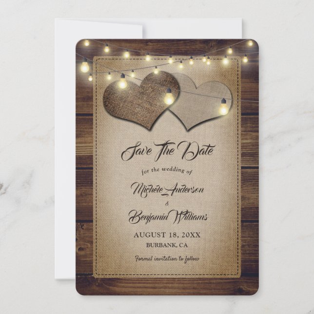 Rustic Wood Burlap String Lights Country Wedding Save The Date (Front)