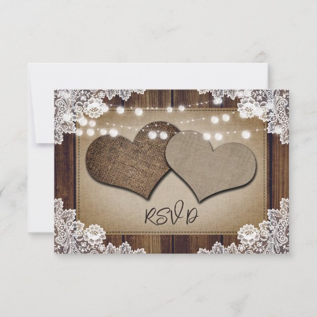Rustic Wood Burlap String Lights Wedding RSVP Card (Front)