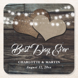 Rustic Wood Burlap String Lights Wedding Square Paper Coaster