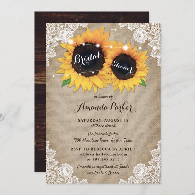 Rustic Wood Burlap Sunflower Bridal Shower Invitation (Front/Back)