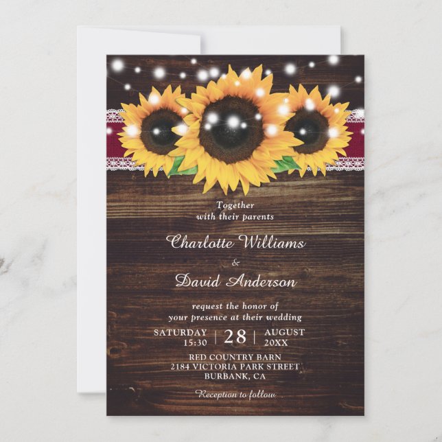 Rustic Wood Burlap Sunflower Burgundy Wedding Invitation (Front)