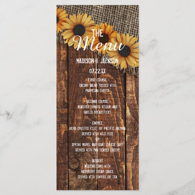 Rustic Wood Burlap Sunflower Country Wedding Menu (Front)