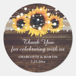 Rustic Wood Burlap Sunflower Thank You Stickers