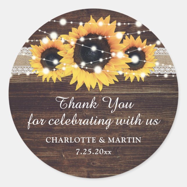 Rustic Wood Burlap Sunflower Thank You Stickers (Front)