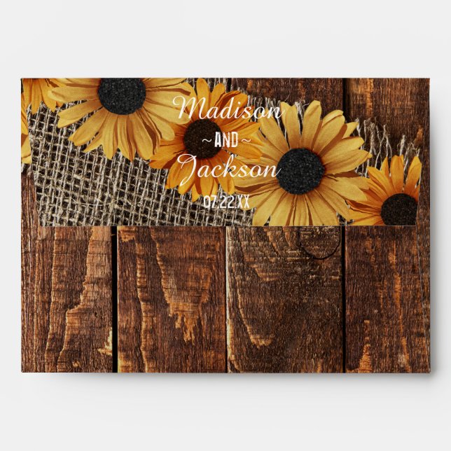 Rustic Wood & Burlap Sunflower Wedding Monogram Envelopes (Back (Top Flap))