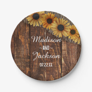 Rustic Wood & Burlap Sunflower Wedding Monogram Paper Plate