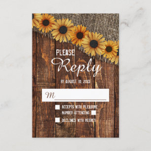 Rustic Wood & Burlap Sunflower Wedding Reply RSVP Card