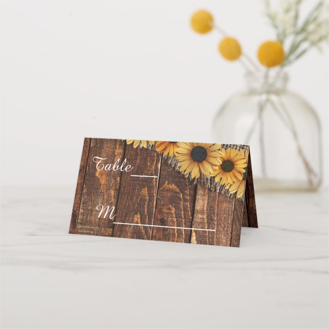 Rustic Wood Burlap Sunflower Wedding Table Number Place Card (Front)