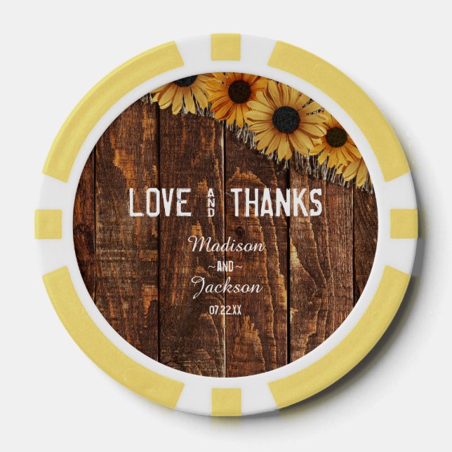 Rustic Wood & Burlap Sunflower Wedding Thank You Poker Chips (Front)