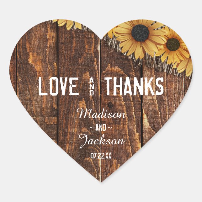 Rustic Wood & Burlap Wedding Love & Thanks Favour Heart Sticker (Front)