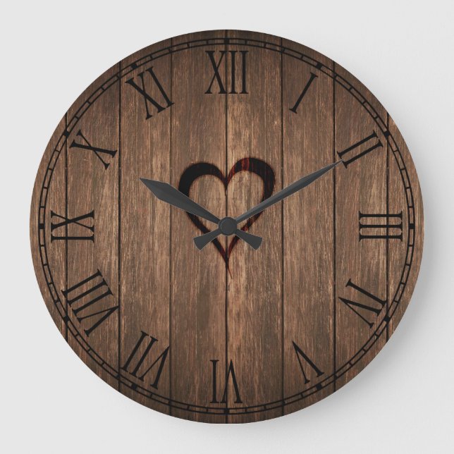 Rustic Wood Burned Heart Print Large Clock (Front)