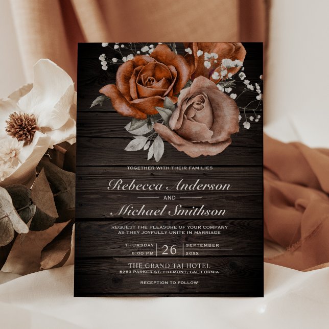 Rustic Wood Burnt Orange Rose Terracotta Wedding Invitation (Creator Uploaded)