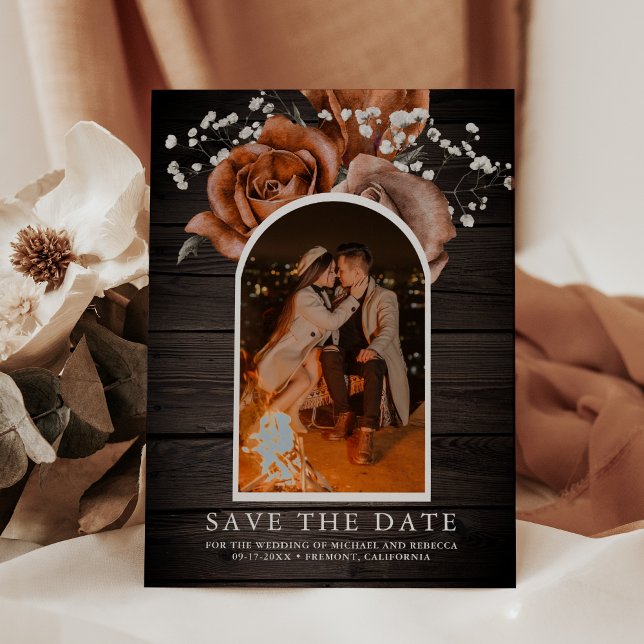 Rustic Wood Burnt Orange Rose Terracotta Wedding Save The Date (Creator Uploaded)