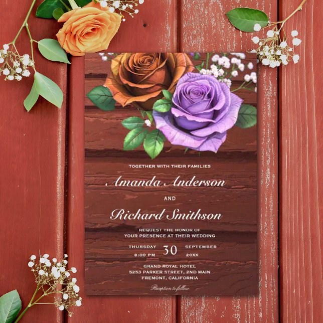 Rustic Wood Burnt Orange Rose Wedding Invitation (Creator Uploaded)