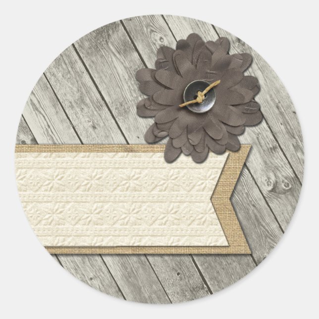 Rustic Wood Button Fabric Flower & Shabby Burlap Classic Round Sticker (Front)