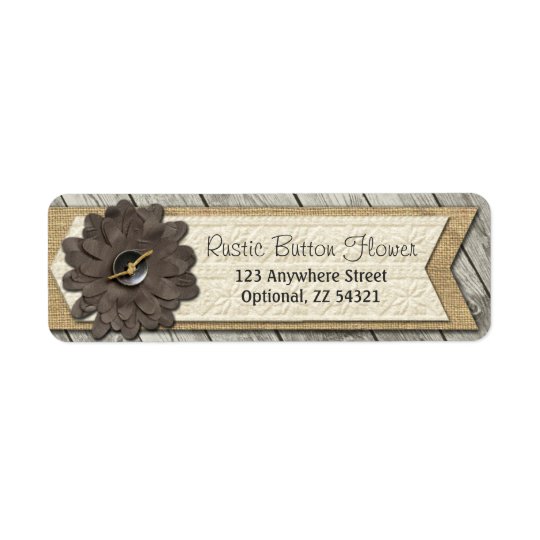 Rustic Wood Button Fabric Flower & Shabby Burlap Return Address Label