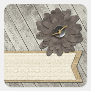 Rustic Wood Button Fabric Flower & Shabby Burlap Square Sticker