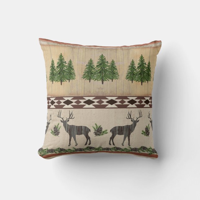 Rustic Wood Cabin Deer Pine Trees Tribal Pattern Cushion (Front)