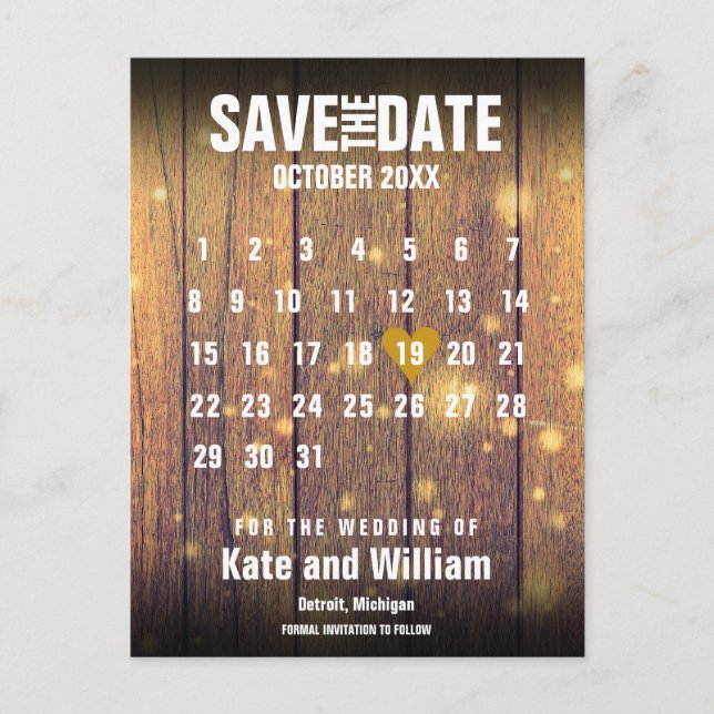 Rustic Wood Calendar Save the Date Gold Love Heart Announcement Postcard (Front)