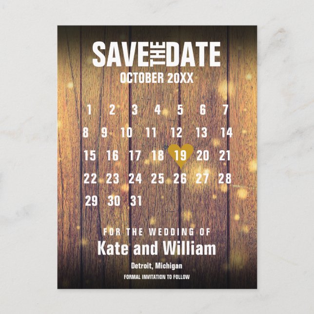 Rustic Wood Calendar Save the Date Postcard (Front)