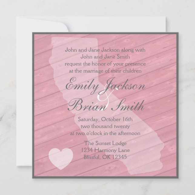 Rustic wood California pink wedding invitations (Front)