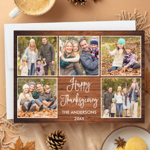 Rustic Wood Calligraphy 5 Photo Thanksgiving Holiday Card