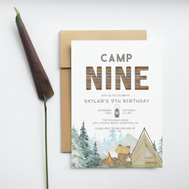 Rustic Wood Camping Ninth Birthday  Invitation (Creator Uploaded)
