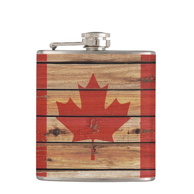 Rustic Wood Canada Flag Hip Flask (Front)