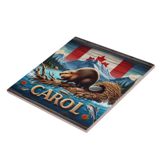 Rustic Wood, Canadian Beaver, Ocean Ceramic Tile (Side)