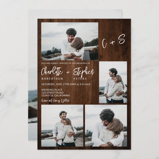 Rustic wood casual initials 5 photos wedding invitation (Front/Back)