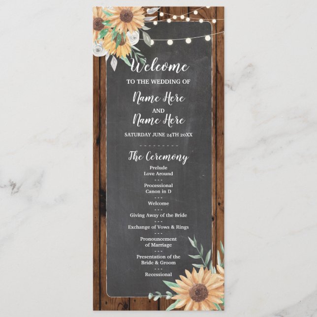 Rustic Wood Chalk Sunflowers Wedding Program (Front)