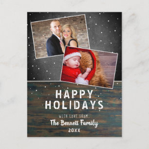 Rustic Wood Chalkboard Snow 2 Photo Christmas Postcard