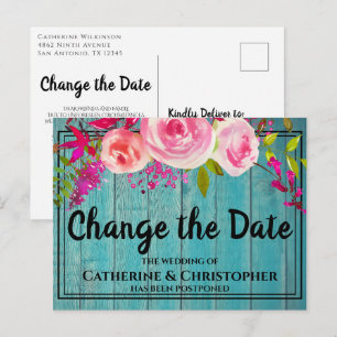 Rustic Wood Change the Date Wedding Postponed Postcard