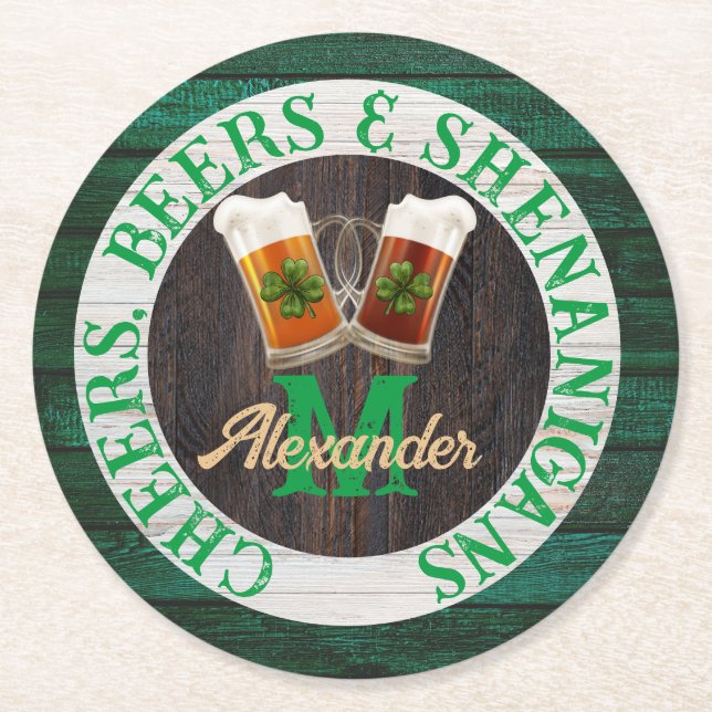  Rustic Wood Cheers Beers Shenanigans Round Paper Coaster (Front)