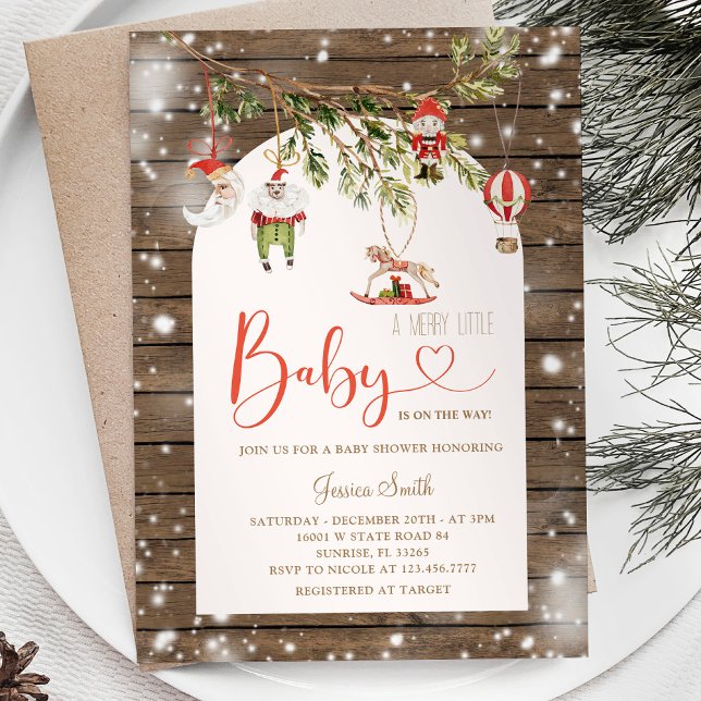 Rustic Wood Christmas A Merry Little Baby Shower Invitation (Creator Uploaded)