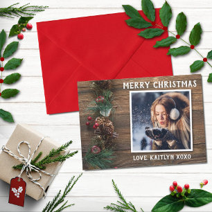Rustic Wood & Christmas Foliage Holiday Photo Card